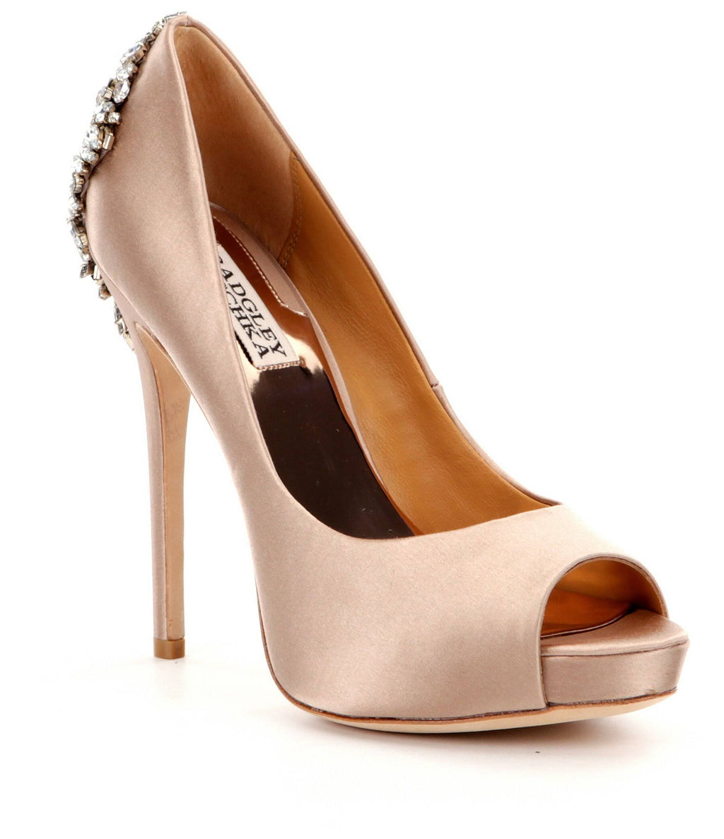 Latte Satin Embellished Peep-Toe Evening Pumps H575