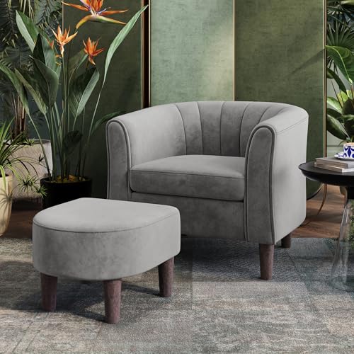 Olive Green Velvet Accent Chair with Ottoman V4847