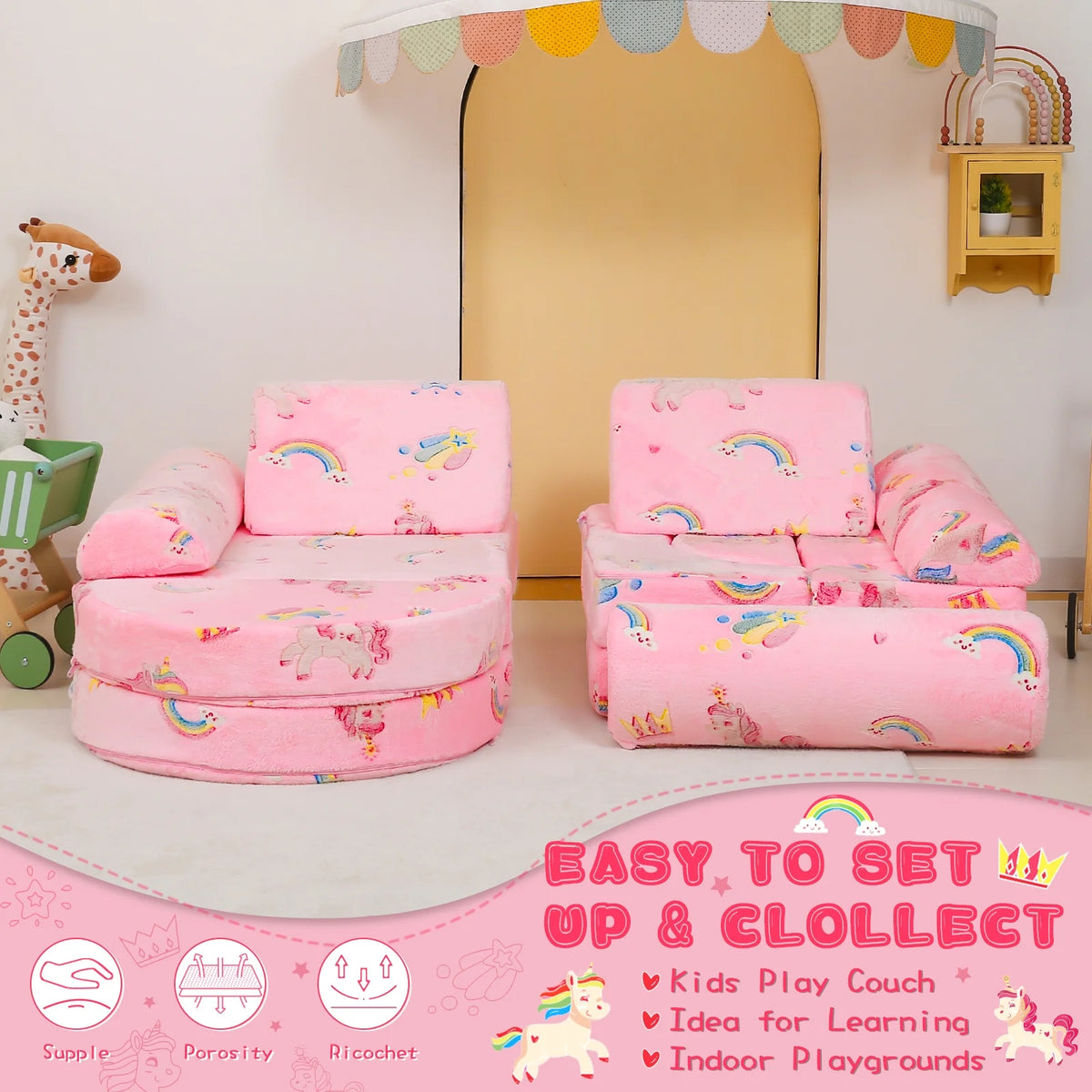 11 Pc Pink Modular Kids Play Couch B487