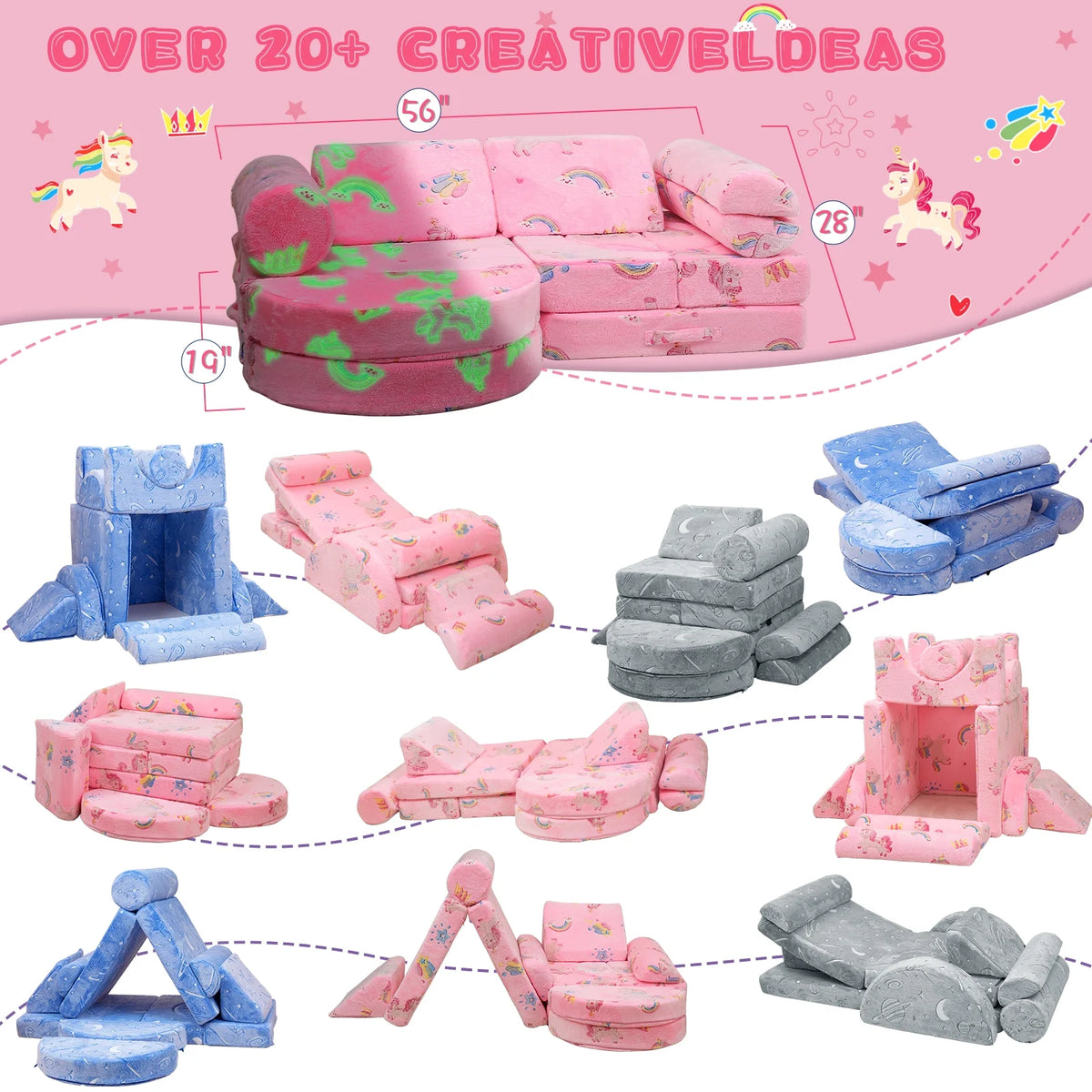 11 Pc Pink Modular Kids Play Couch B487