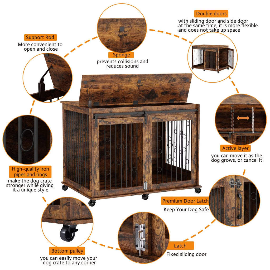 Large Wooden Dog Crate Furniture with Wheels K978