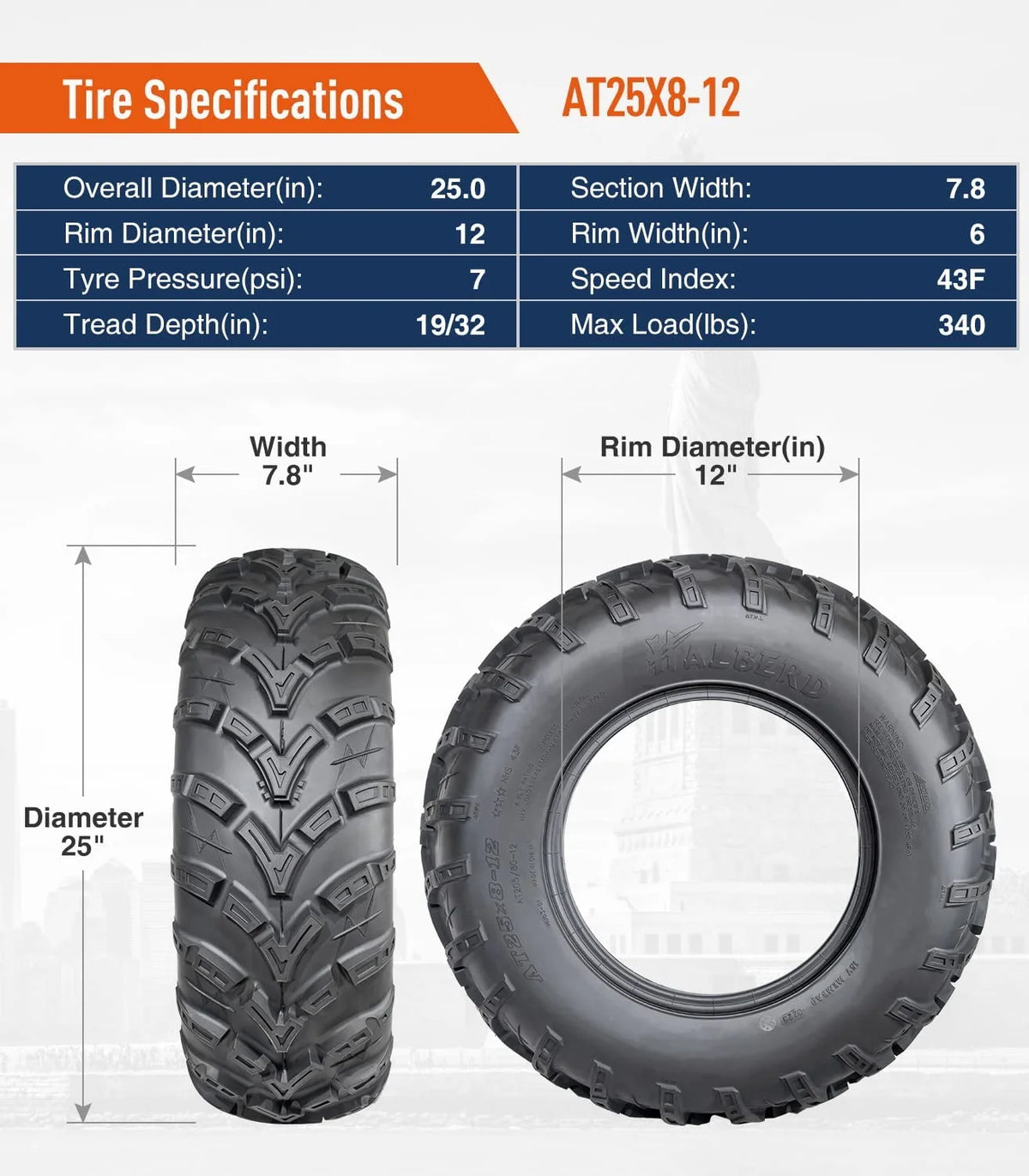 25x8-12 Front & 25x10-12 Rear All Terrain Tires Set of 4 R45479