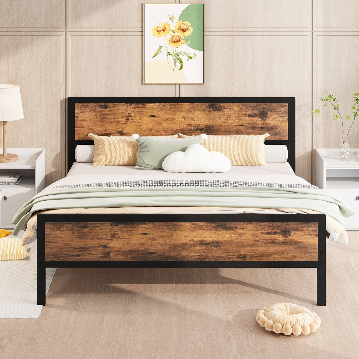 White Full Size Metal Platform Bed Frame with Headboard and Footboard A926198