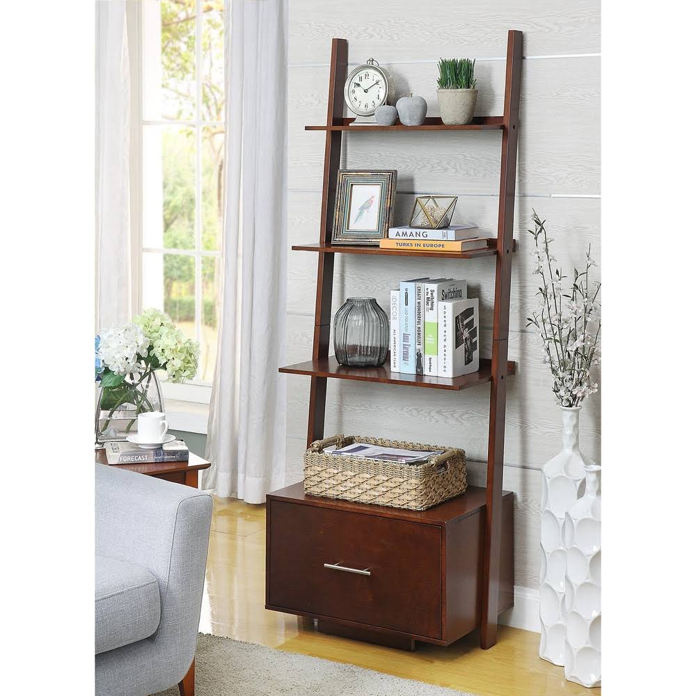 Dark Walnut Ladder Bookcase with File Drawer C12410
