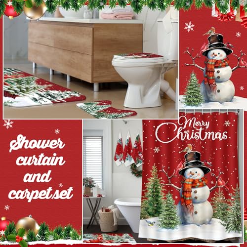7 Pcs Christmas Shower Curtain Set Non Slip Waterproof Bathroom Accessories B3284