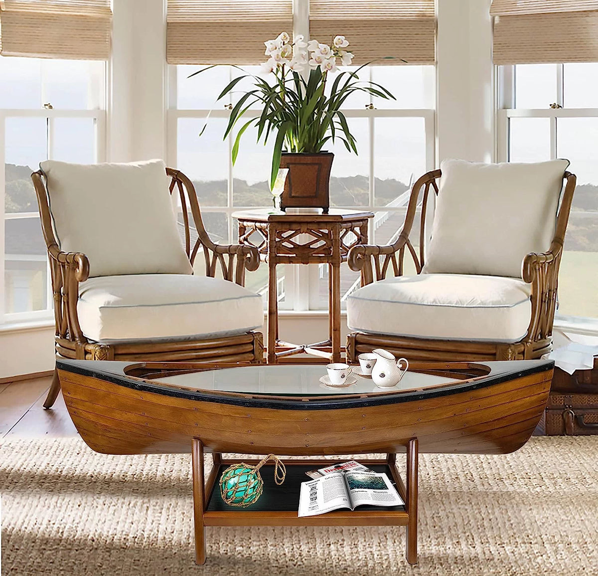 Wooden Boat Canoe Coffee Table Antique Honey Finish S52855