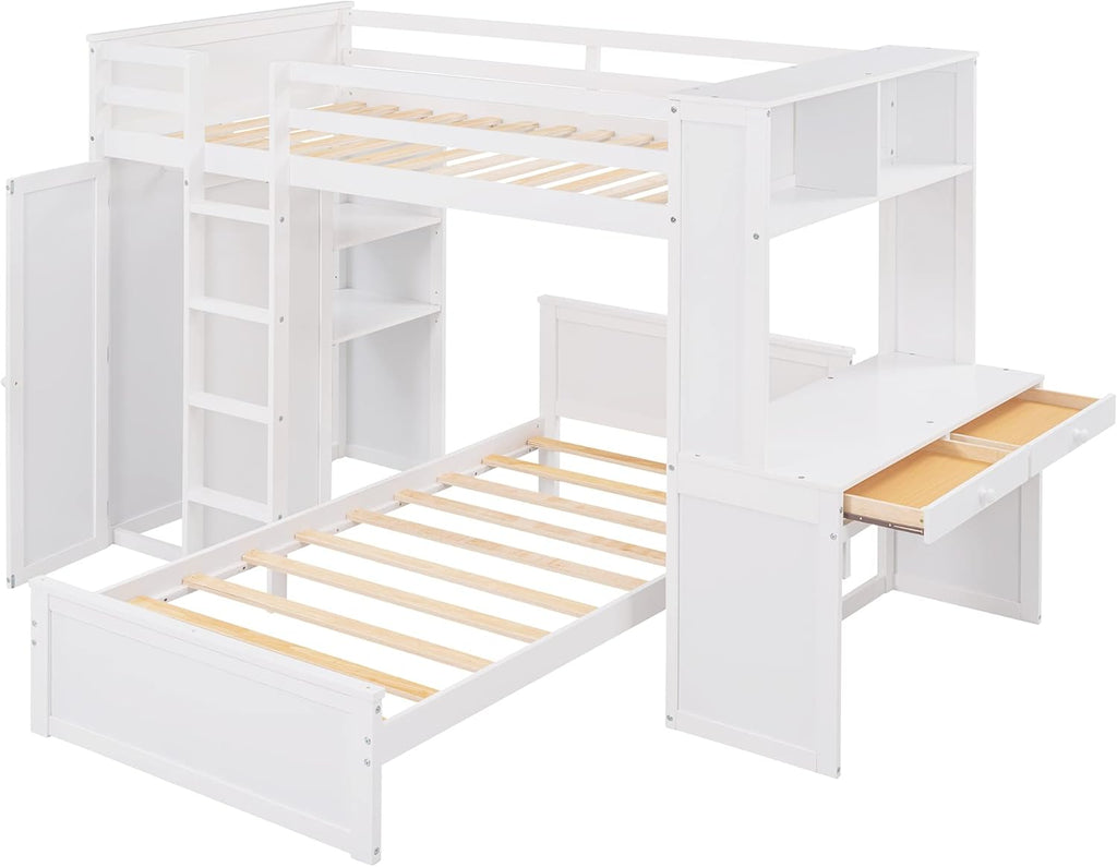 White Twin Wooden Bunk Loft Bed with Shelves Desk and Wardrobe U869721