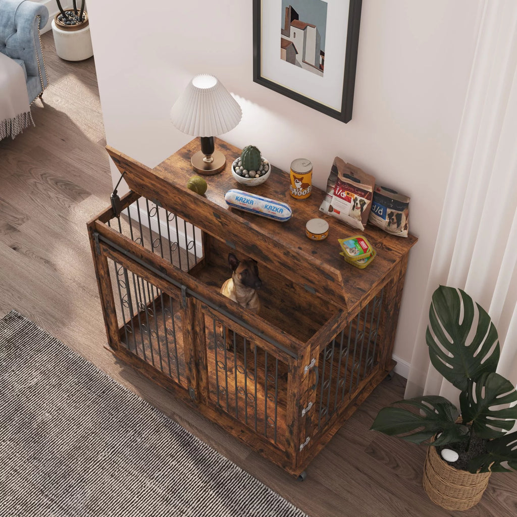 Large Wooden Dog Crate Furniture with Wheels K978