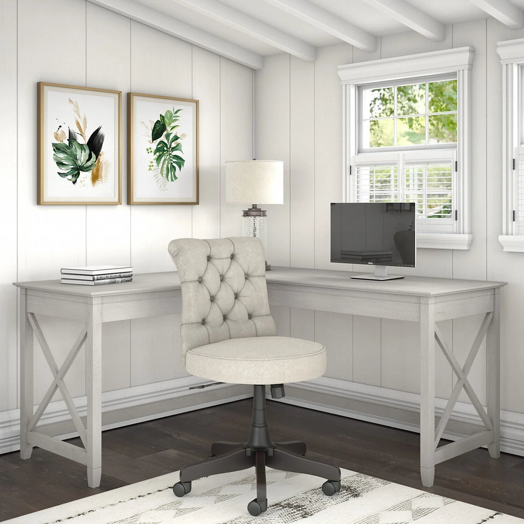 L Shaped Desk With Mid Back Tufted Office Chair I57626