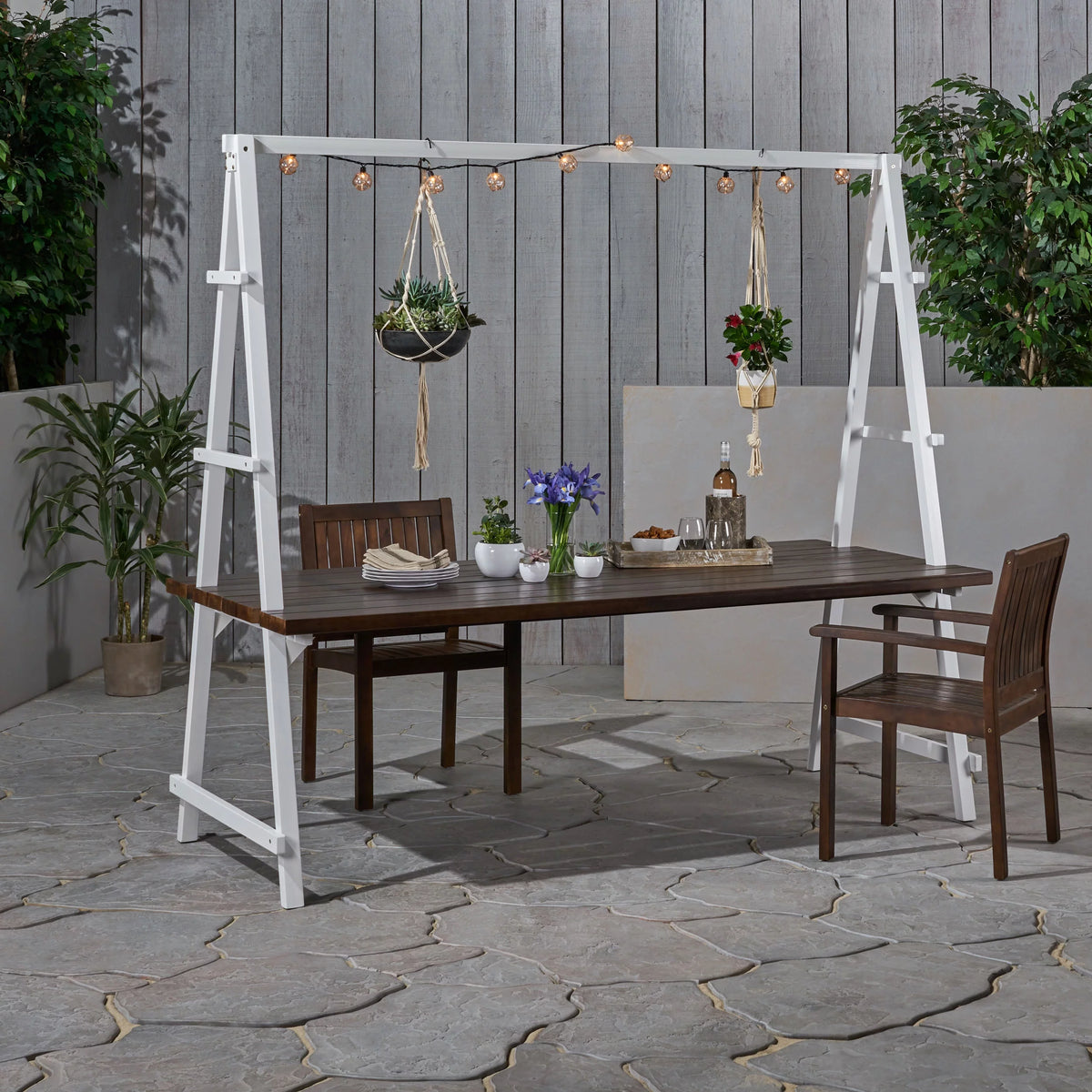 Acacia Wood Dining Table with Iron Plant Hanger U97907