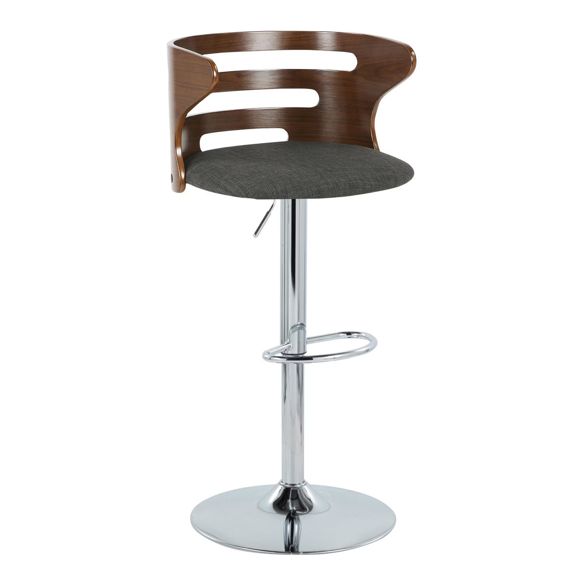 Walnut Wood and Charcoal Fabric Adjustable Barstool with Chrome Metal Base, Set of 2 E1662