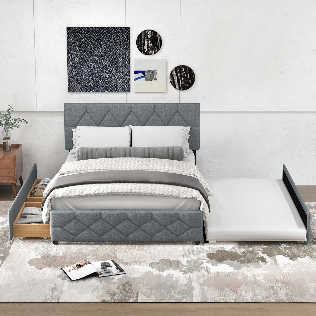 Queen Upholstered Platform Bed with Twin XL Trundle and 2 Drawers X5086