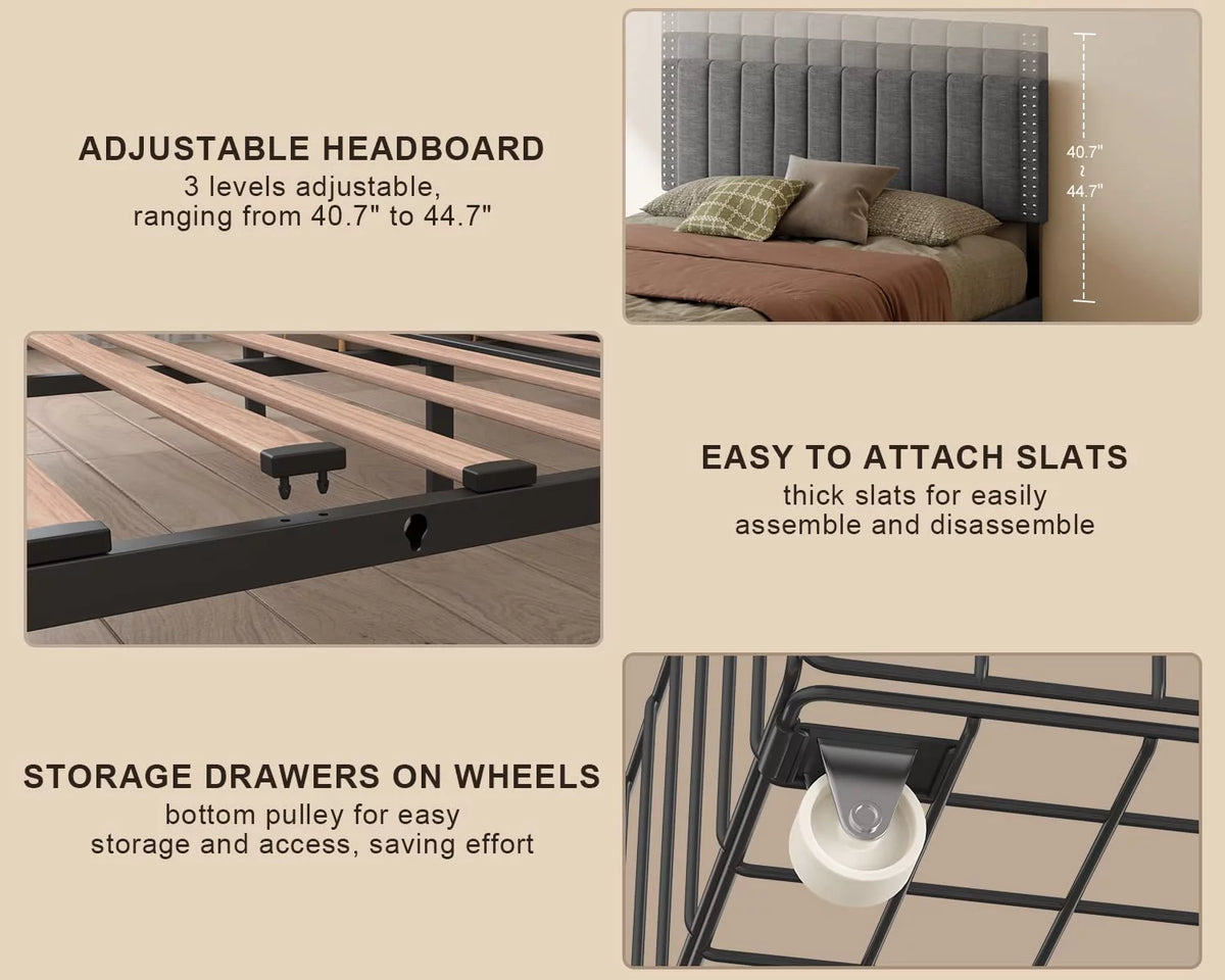 Full Bed Frame with 4 Drawers and Adjustable Headboard Dark Grey D143