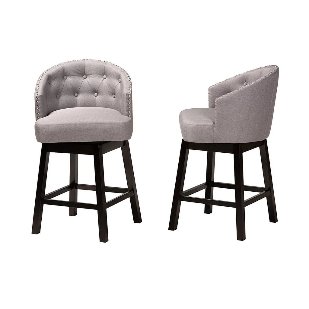 Grey Fabric and Espresso Brown Finished Wood 2-Piece Swivel Counter Stool W847