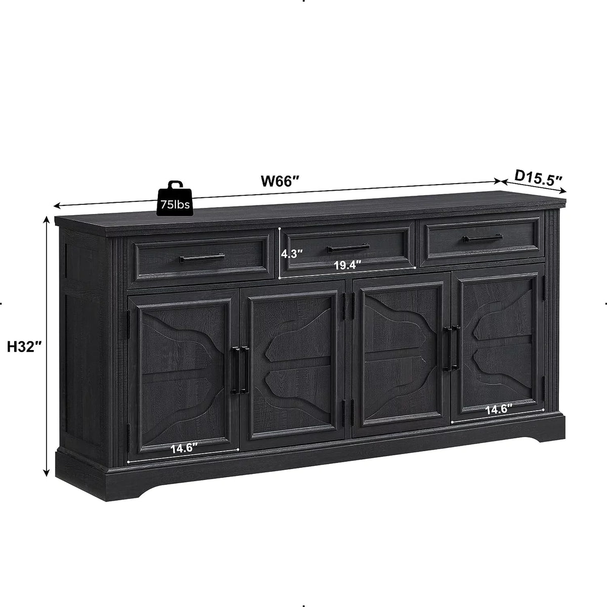 Black 3 Drawer 4 Door Sideboard Storage Cabinet H30966