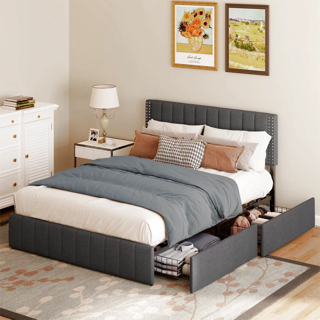 Full Bed Frame with 4 Drawers and Adjustable Headboard Dark Grey D143