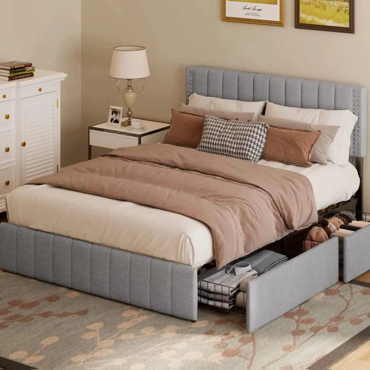 Full Bed Frame with 4 Drawers and Adjustable Headboard Dark Grey D143