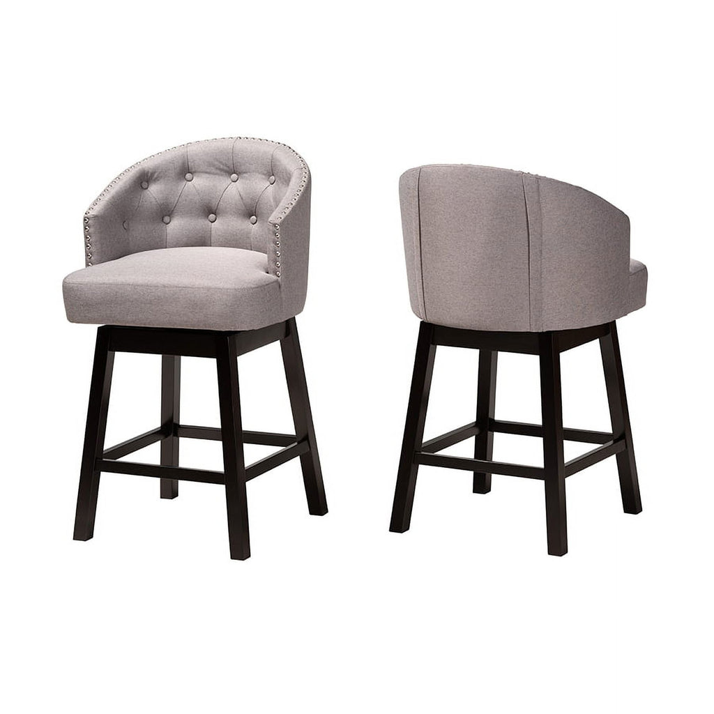 Grey Fabric and Espresso Brown Finished Wood 2-Piece Swivel Counter Stool W847