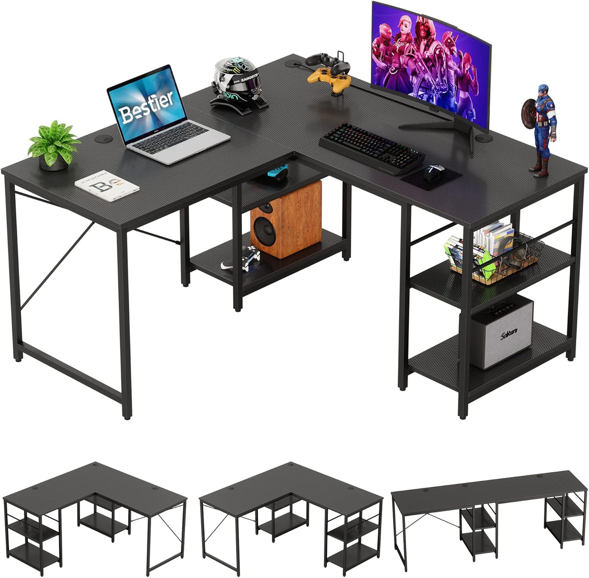 95.2 Inch Reversible L Shaped Desk with Shelves Grey Oak T144