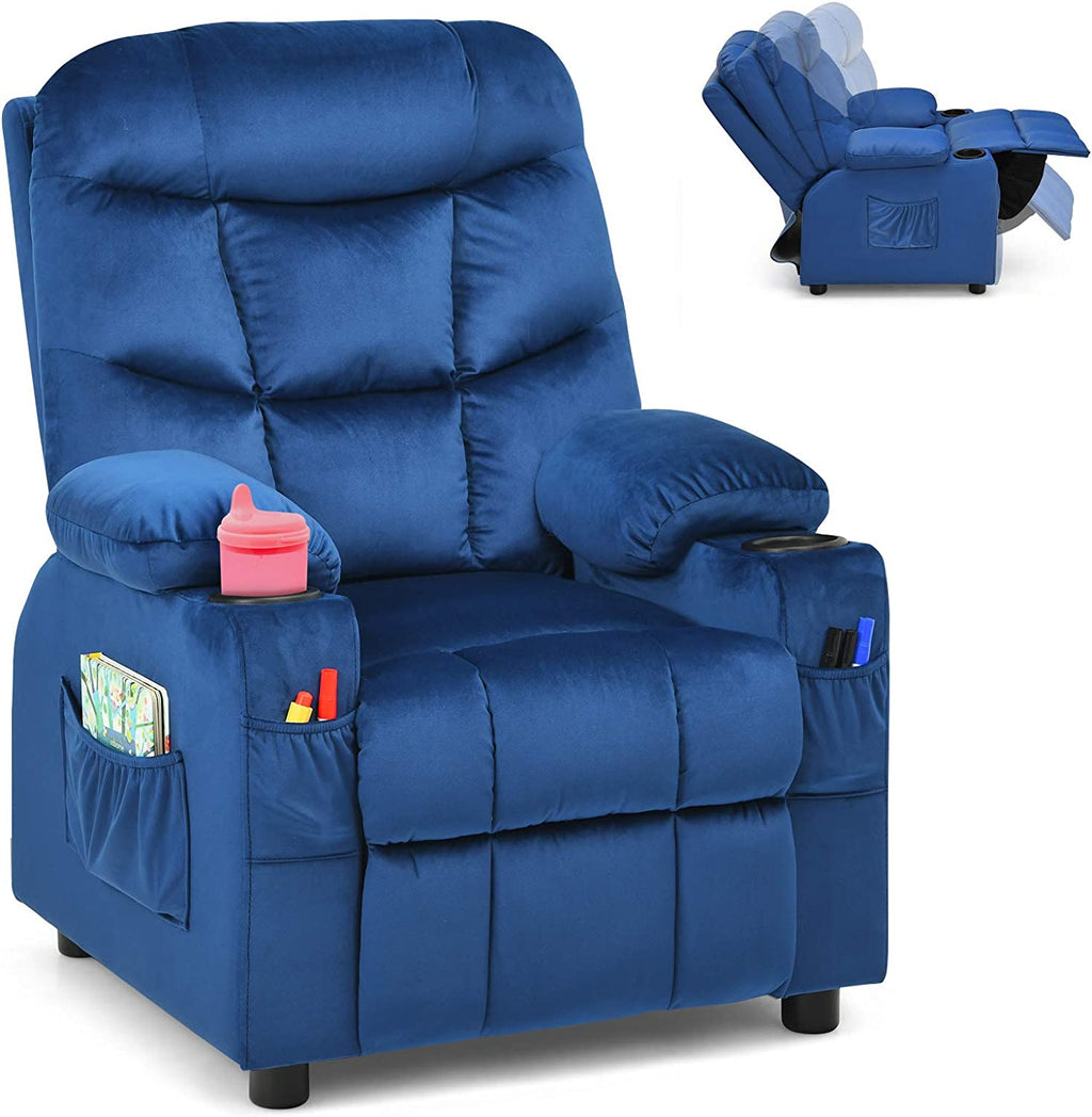 Kids Recliner Chair with Cup Holder Adjustable Velvet Lounge Chair w/Footrest & Side Pockets Ergonomic Toddler Furniture Sofa G45258
