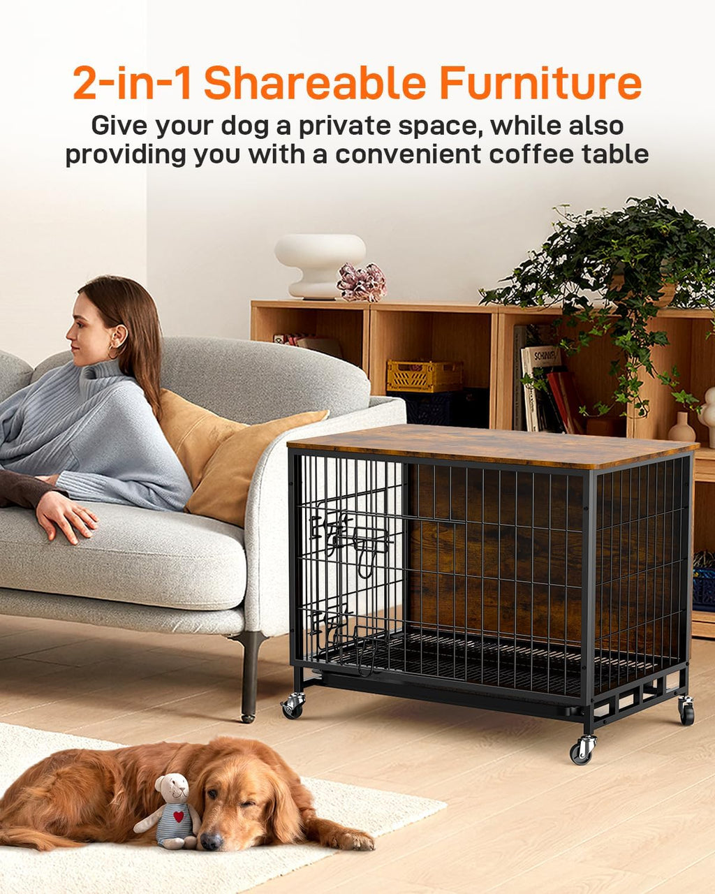 Brown Wooden Dog Crate with Removable Tray and Wheels R35531