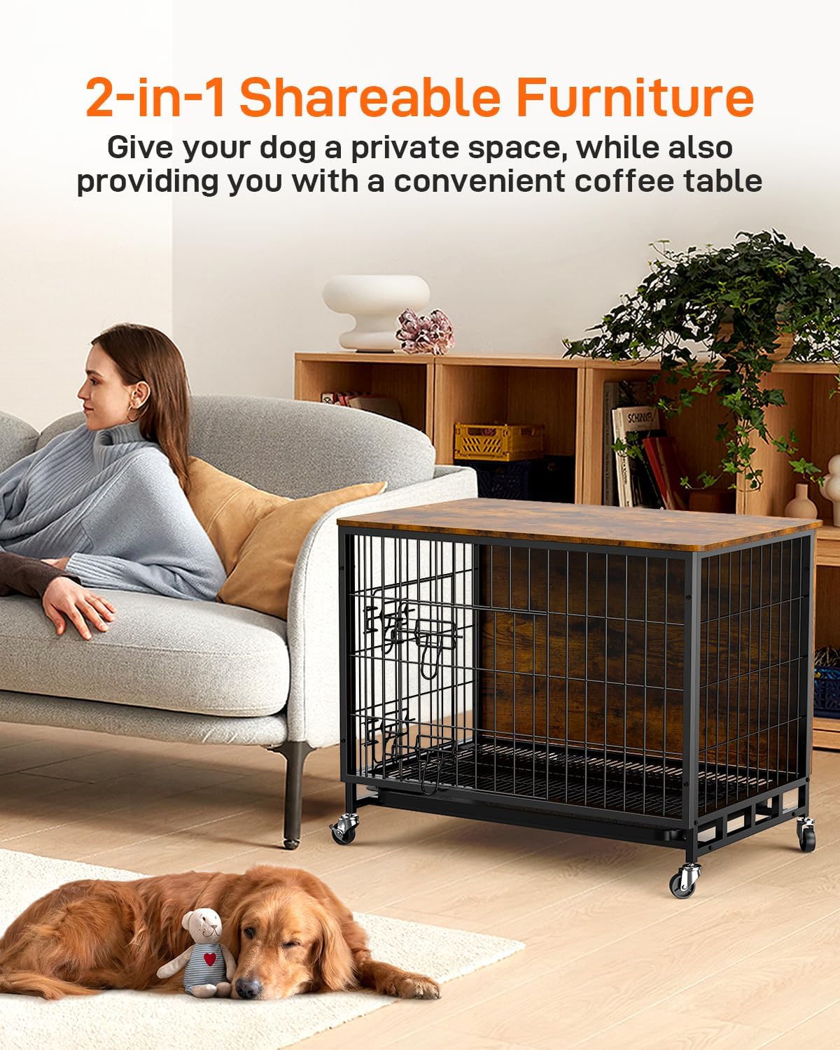 Brown Wooden Dog Crate with Removable Tray and Wheels R35531