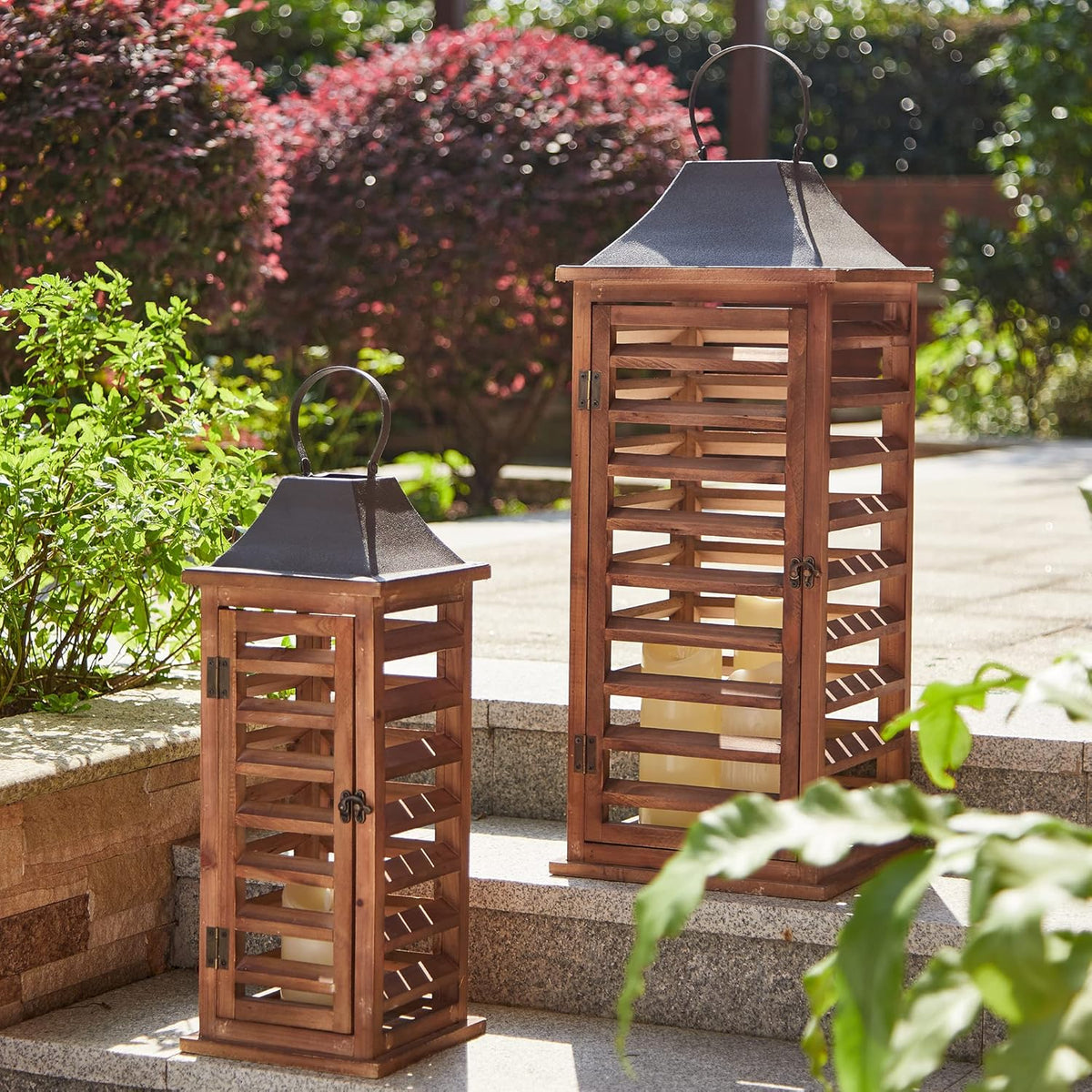 Wood Metal Candle Lanterns Set of 2 F580