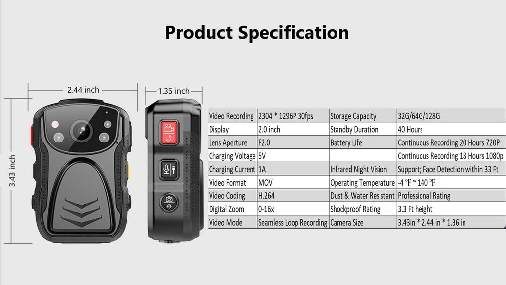 Body Camera with Audio, 2 Inch Display, Night Vision, Waterproof, Shockproof S44719