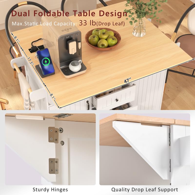 55.7'' Black Kitchen Island with Drop Leaf and 3 Drawers P9901