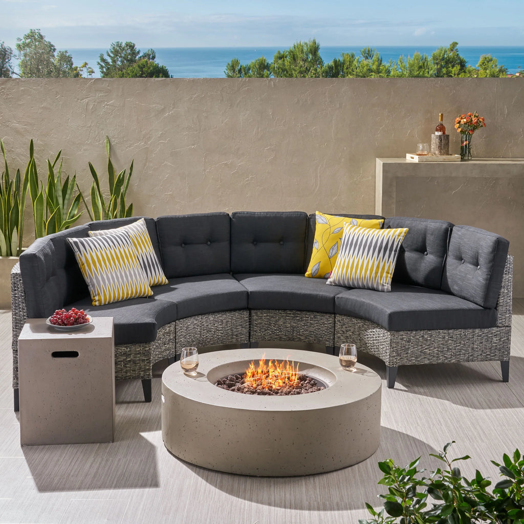 Outdoor Wicker 4 Seater Half Round Sofa Set with Fire Pit H640