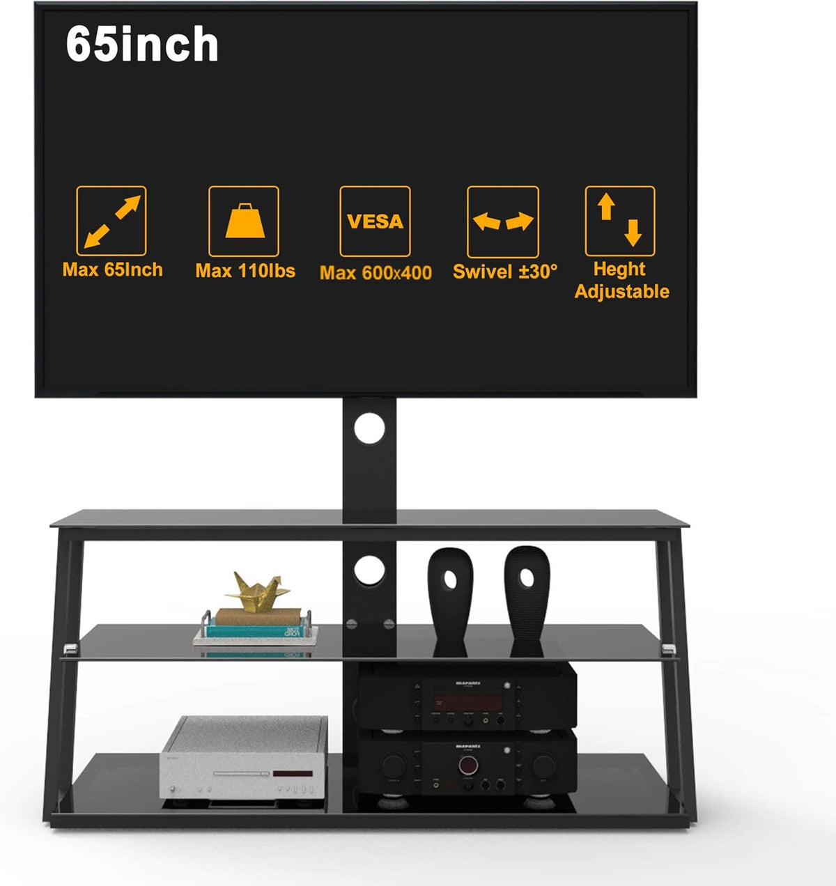 Swivel Floor TV Stand with Adjustable Tempered Wooden Shelves Q615136
