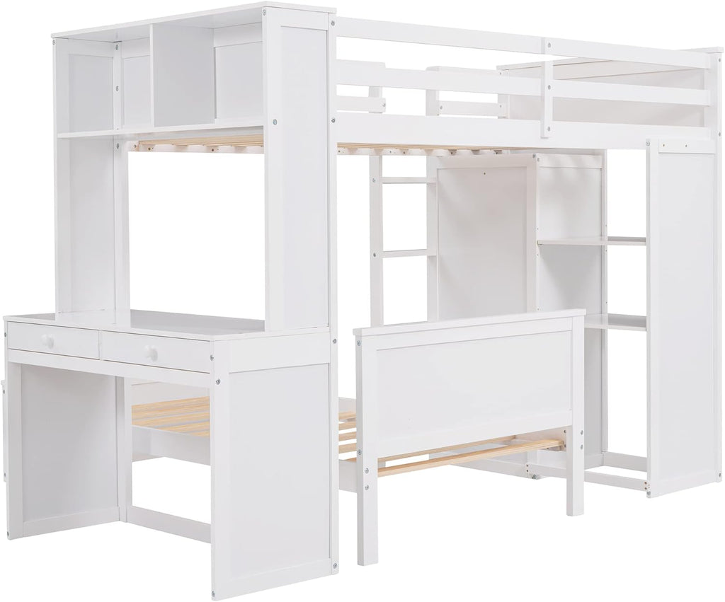 White Twin Wooden Bunk Loft Bed with Shelves Desk and Wardrobe U869721
