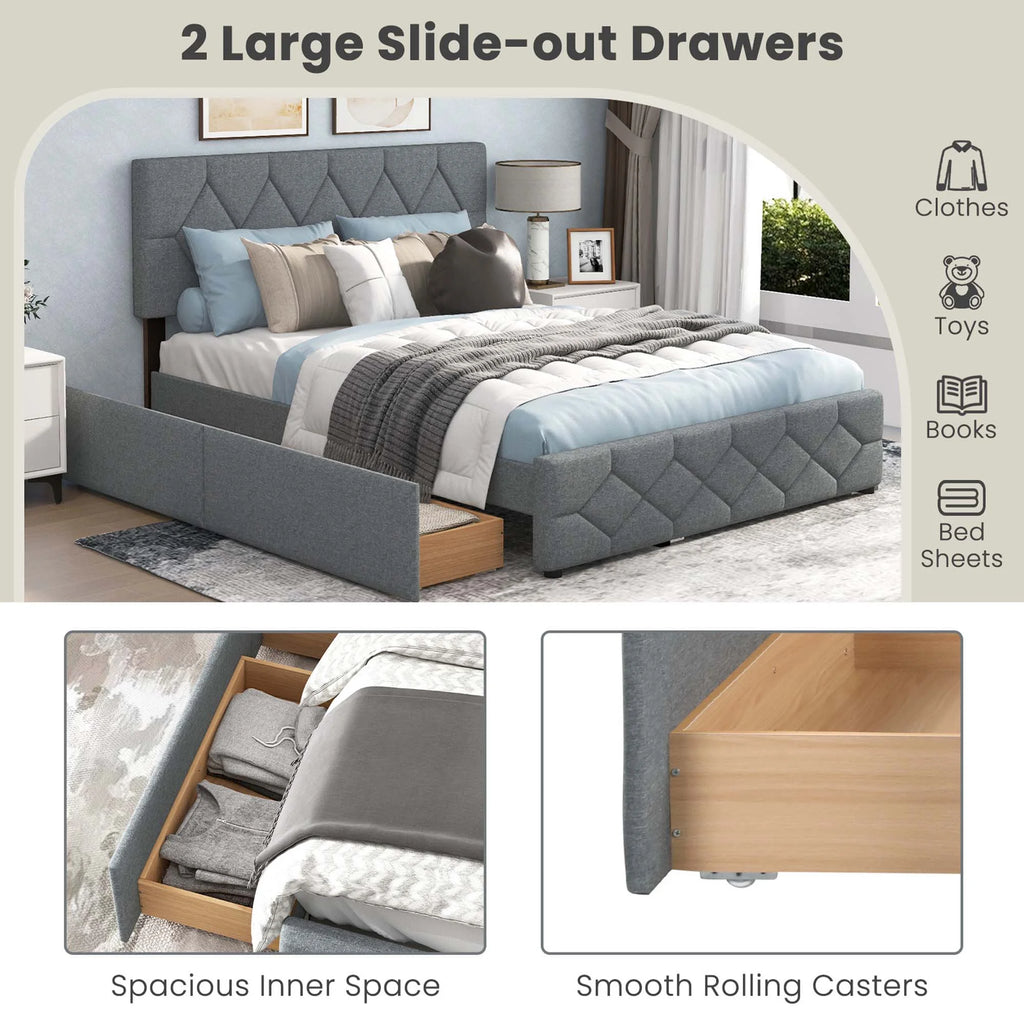 Queen Upholstered Platform Bed with Twin XL Trundle and 2 Drawers X5086