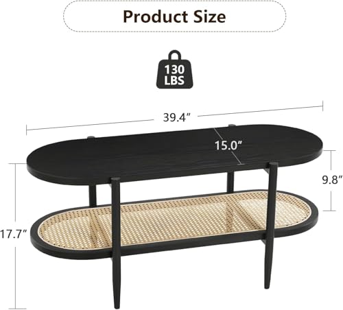 Black Set of 2 Round 2-Tier Side Table with Rattan Storage I90181