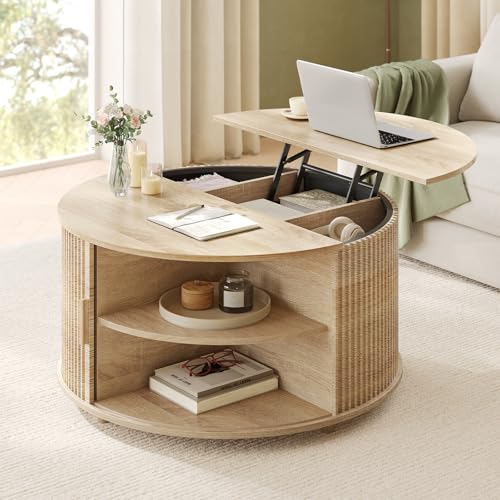Round Lift Top Coffee Table with Hidden Storage and Open Shelves, Oak S189