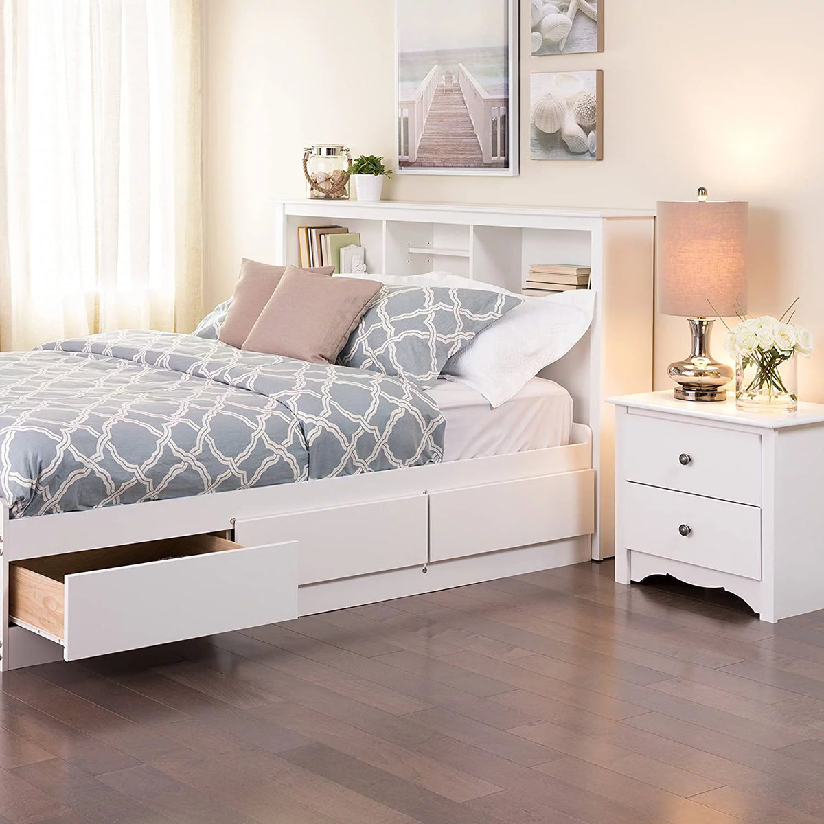 White Full/Queen Headboard with 3 Compartments N1508