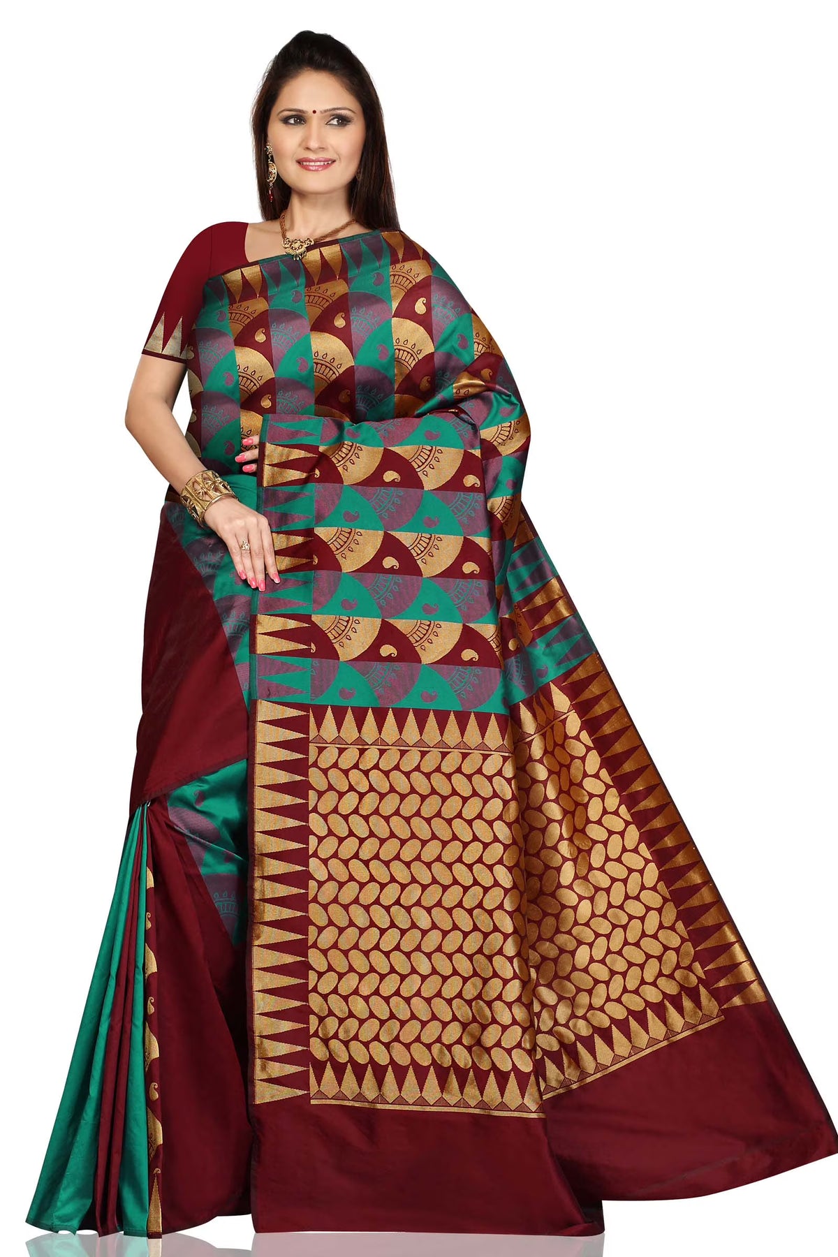 Turquoise Maroon Art Silk Sari Saree K352
