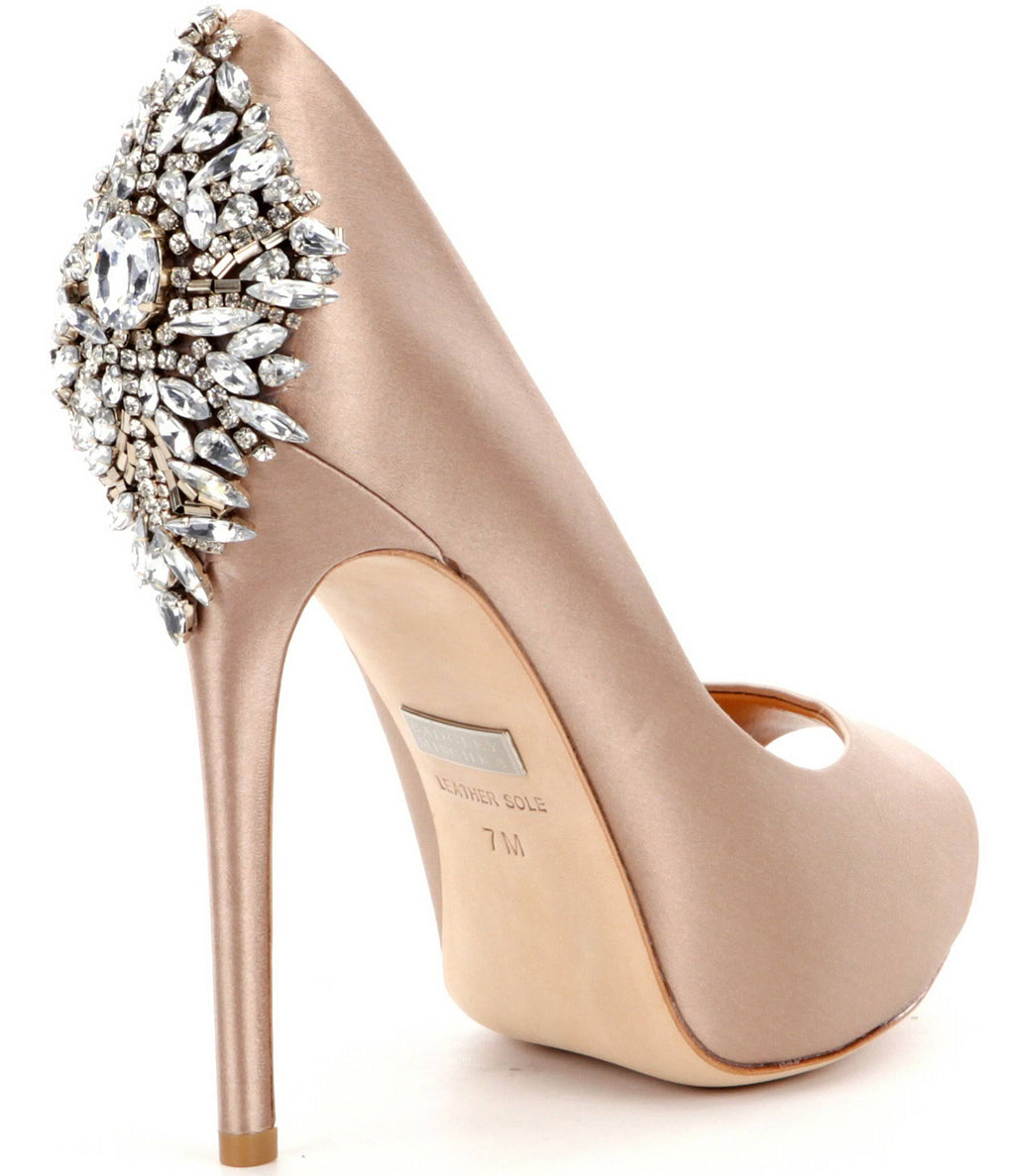 Latte Satin Embellished Peep-Toe Evening Pumps H575
