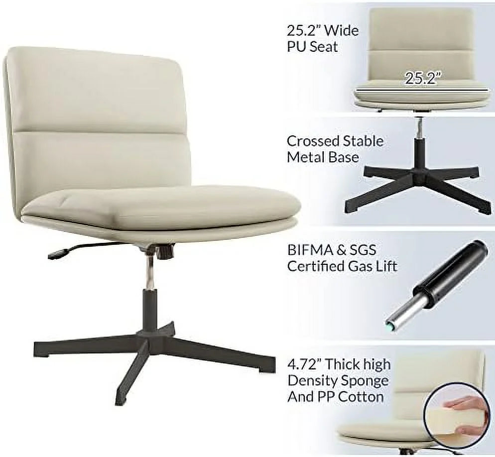 Ivory PU Leather Armless Office Chair with Height Adjustment W585