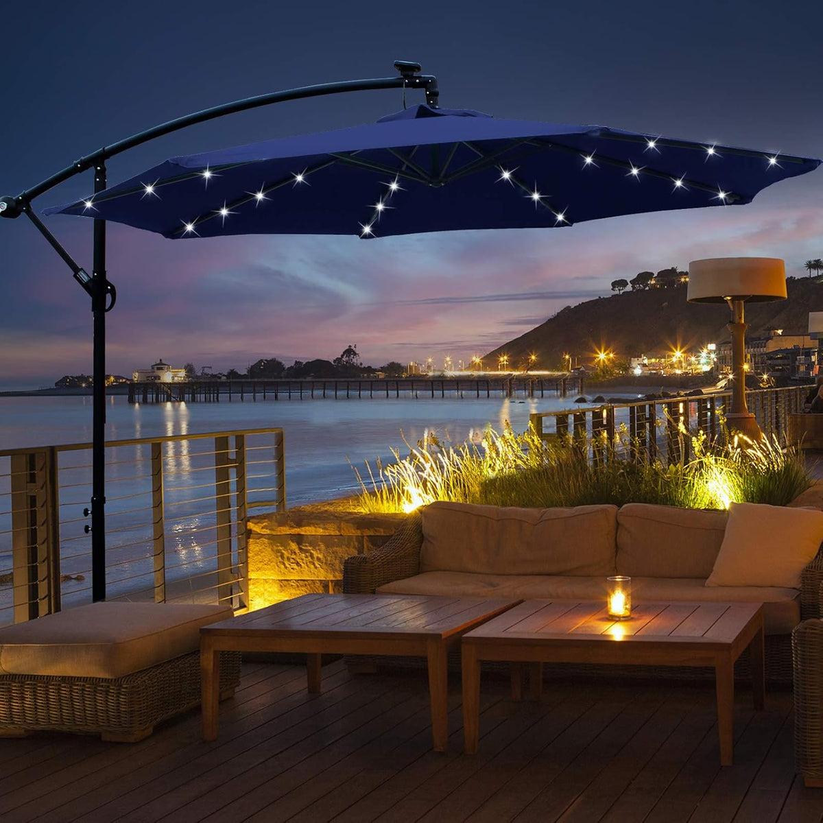 10ft Brown Solar Light Offset Cantilever Umbrella with 32 Deck Lights E70603