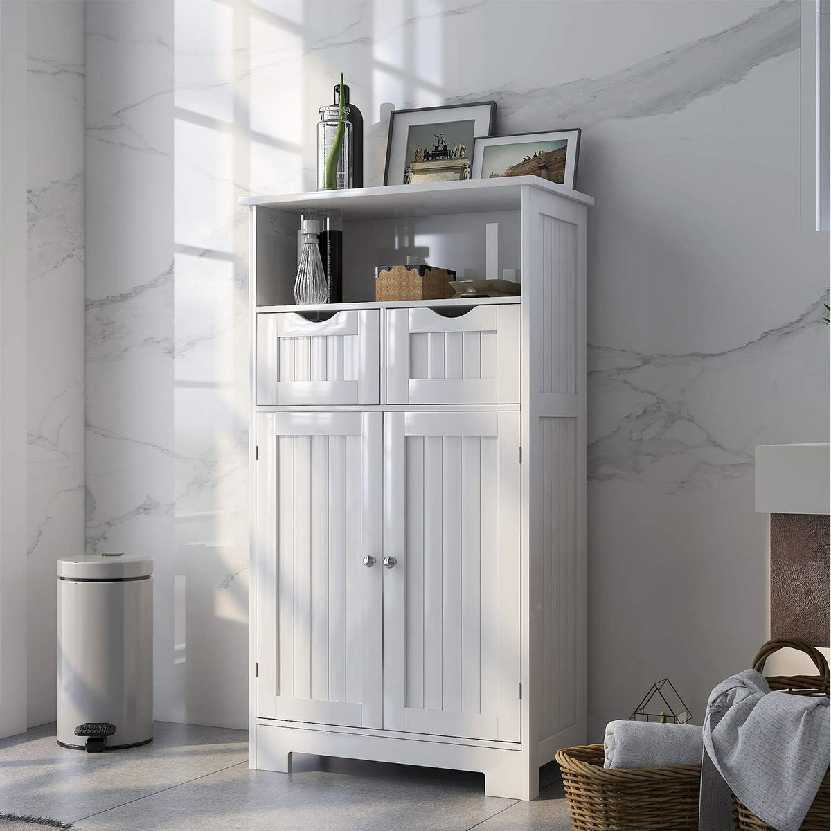 White Freestanding 2 Doors 2 Drawers Wood Bathroom Floor Cabinet U3076