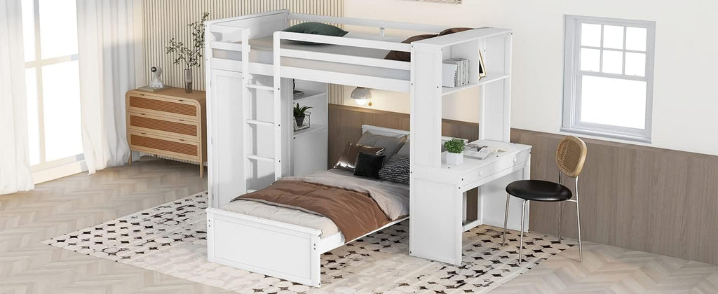 White Twin Wooden Bunk Loft Bed with Shelves Desk and Wardrobe U869721