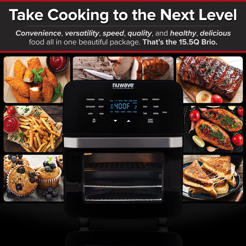 Brio Air Fryer Smart Oven, 15.5-Qt X-Large Family Size, Countertop Convection Rotisserie Grill Combo, 4 Rack Positions, 50°-425°F Temperature Controls in 5° Increments, Linear Thermal Technology and Integrated Temperature Probe S8569