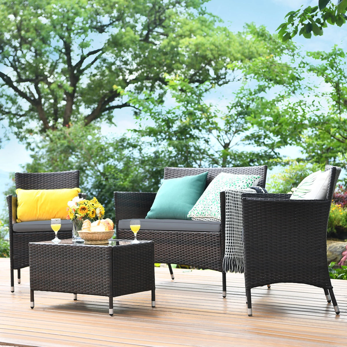 4 Pc Turquoise Cushioned Patio Rattan Conversation Furniture Set Q75417