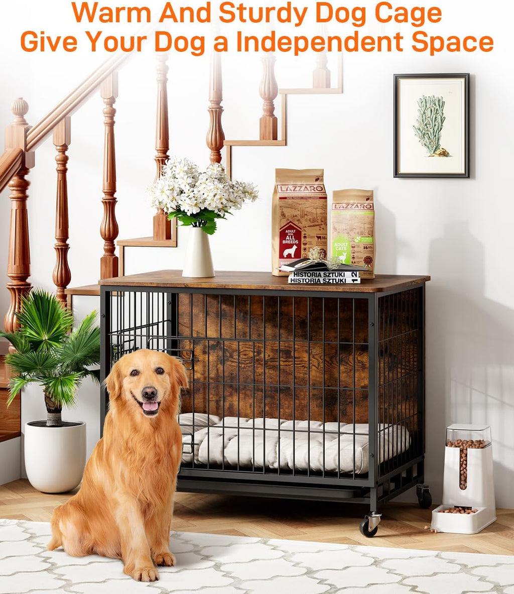 Brown Wooden Dog Crate with Removable Tray and Wheels R35531