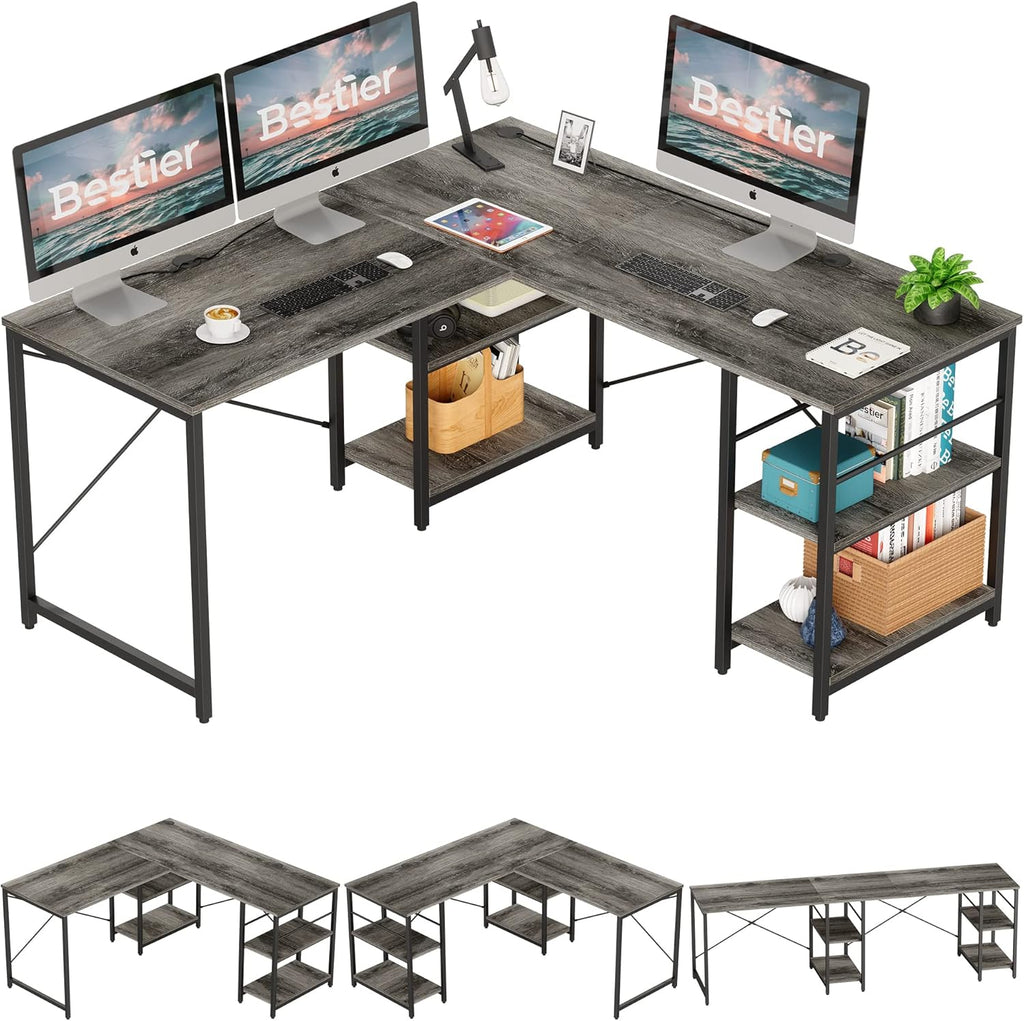 95.2 Inch Reversible L Shaped Desk with Shelves Grey Oak T144