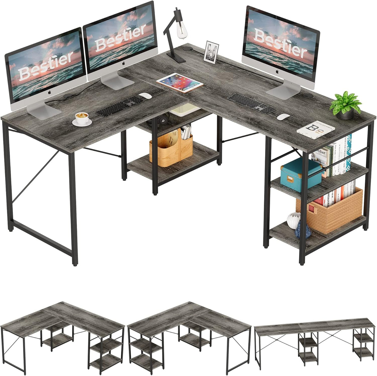95.2 Inch Reversible L Shaped Desk with Shelves Grey Oak T144