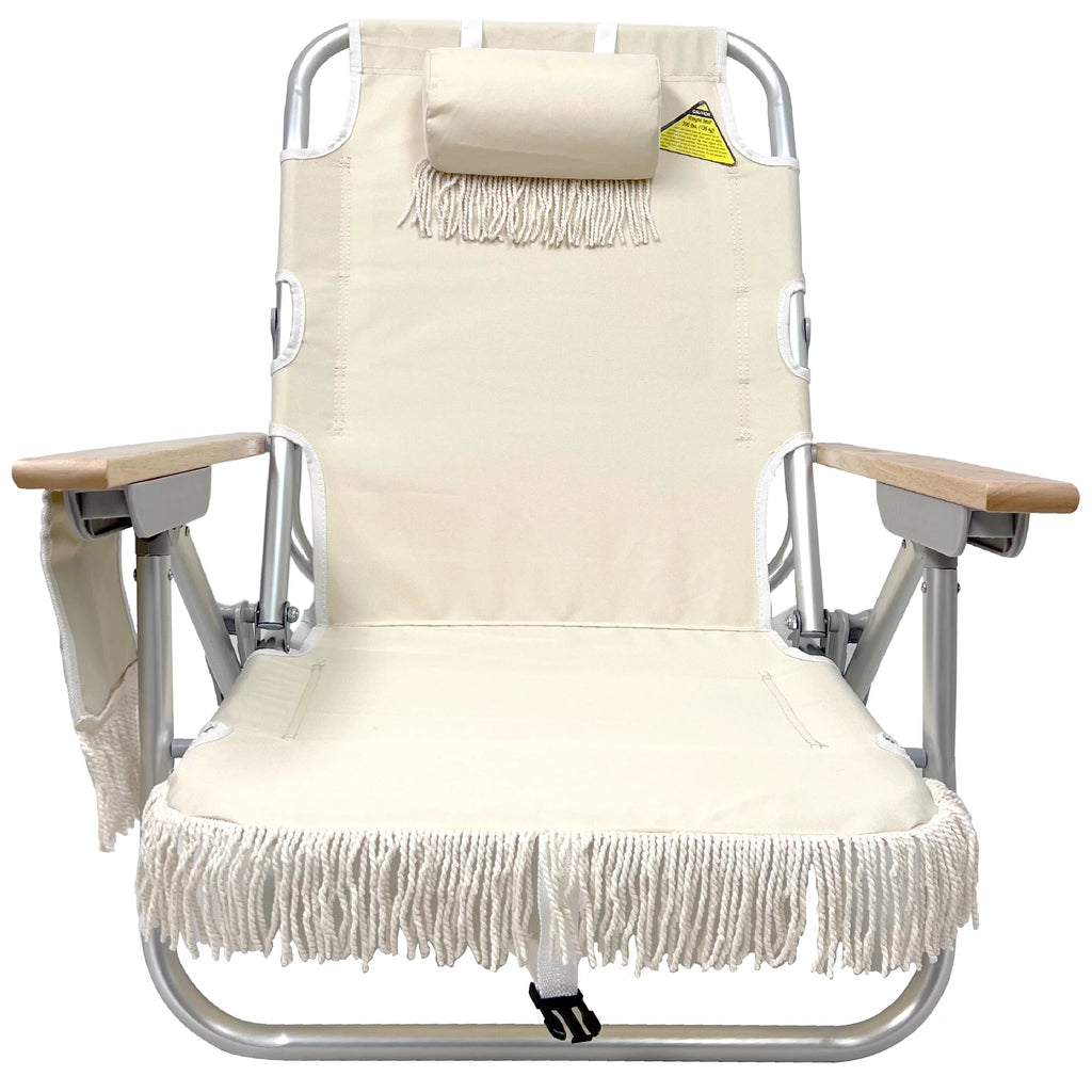 Tassel Backpack Beach Chair 5 Positions Cup Holder Padded Pillow Lightweight Rustproof Aluminum Black Frame 1 Pack TAN Z749842