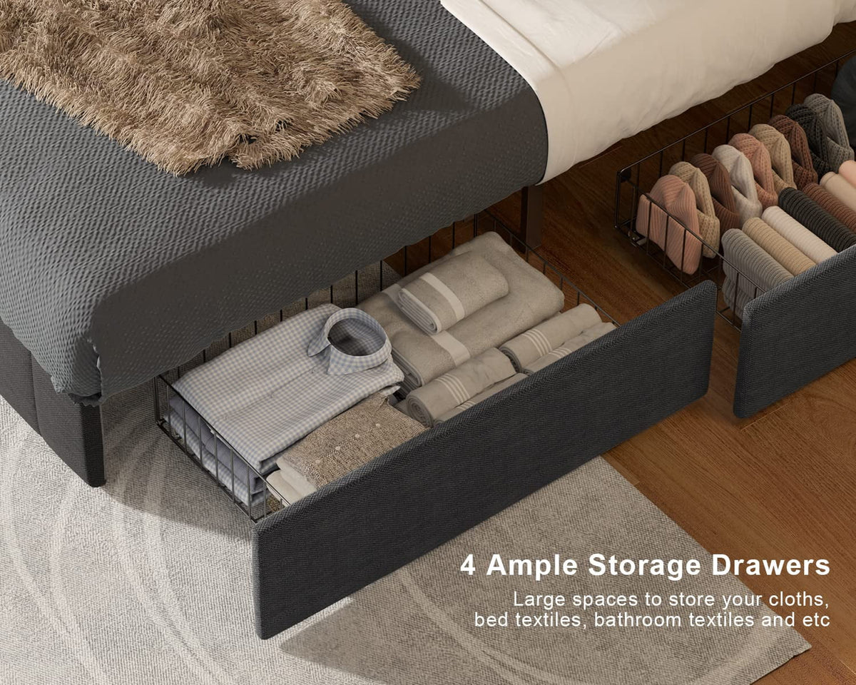 Full Bed Frame with 4 Drawers and Adjustable Headboard Dark Grey D143