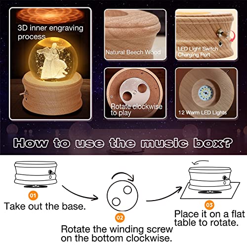 3D Crystal Ball Music Box with LED Light and Rotating Wooden Base A39678